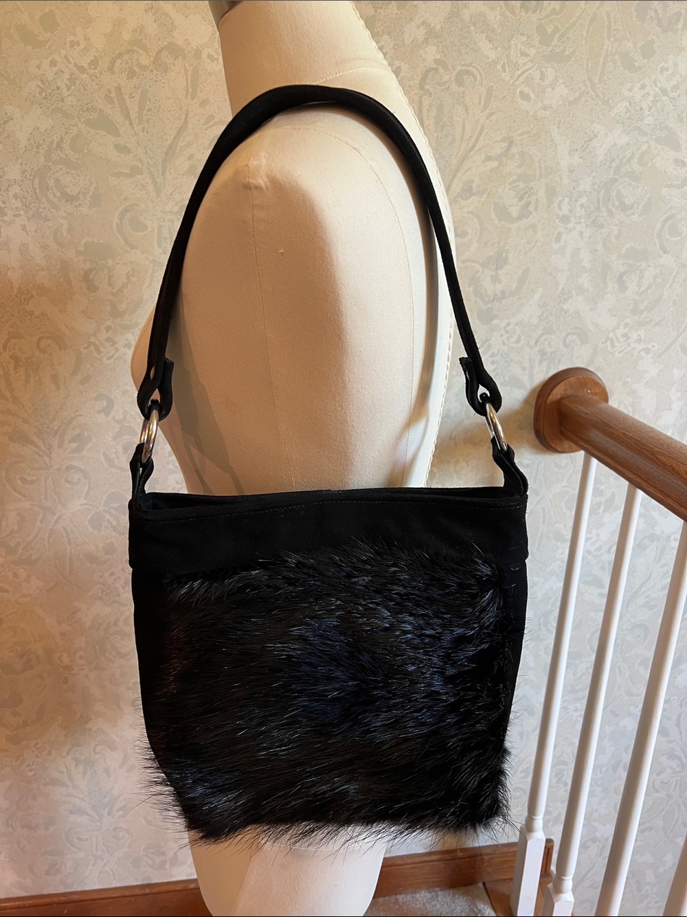 Suntime Brand Black Suede Leather with Fur Shoulder Bag. High quality, Handmade